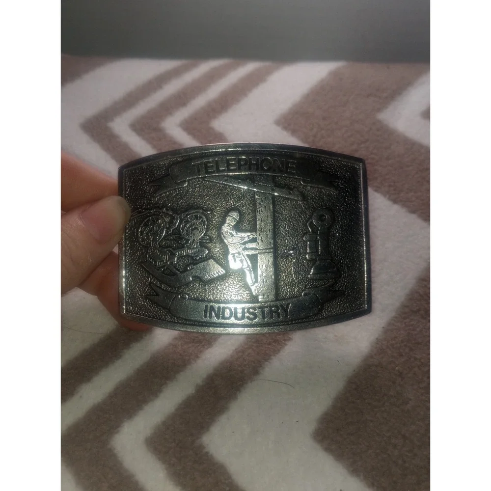 Wyoming Studio Art Works Telephone Industry‎ Belt Buckle Pewter Rectangular 70s